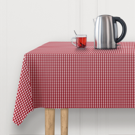 Flot rød og hvid ternet dug. En akryldug til havebordet - spisebordet. Nem at rengøre med en fugtig klud. Ternede designs 140 cm. bred