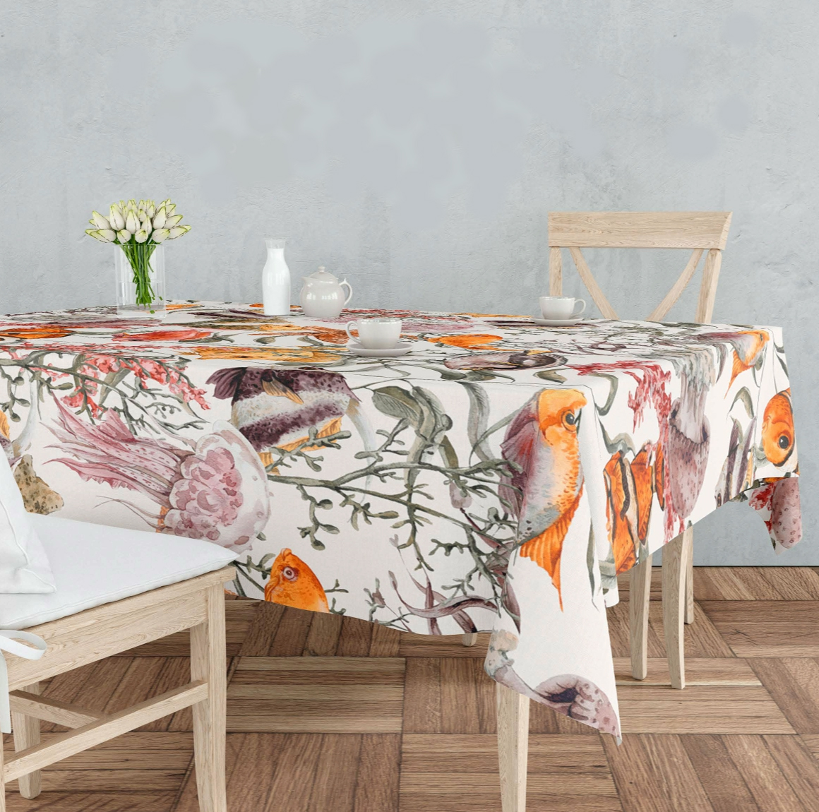 Dug med hav-inspireret design. Stilfulde og elegante duge, dejlige kvaliteter. Køb unikt til en inspirerende boligindretning i det hjem.