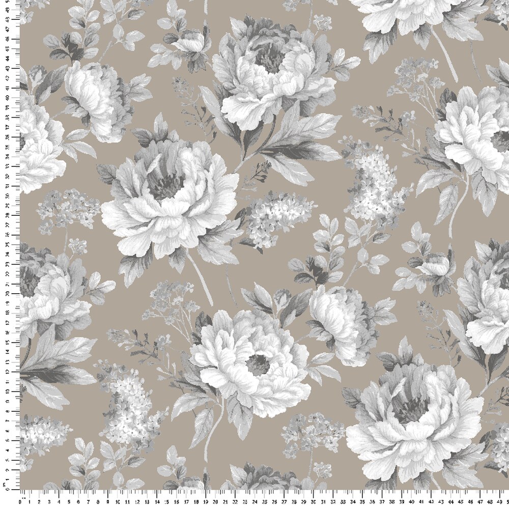 Dug med hvide blomster med centimetermål, så du kan se mønstrets størrelse – Voksdug Design