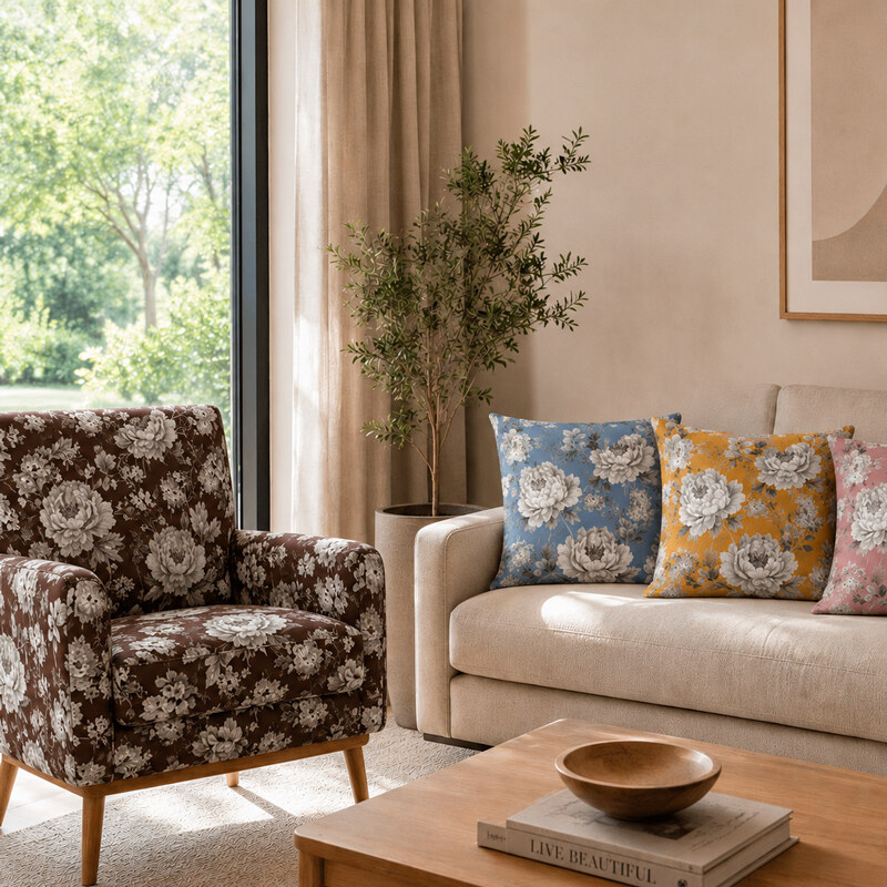 Samme blomstermønster på sofa og puder i andre farver – Voksdug Design